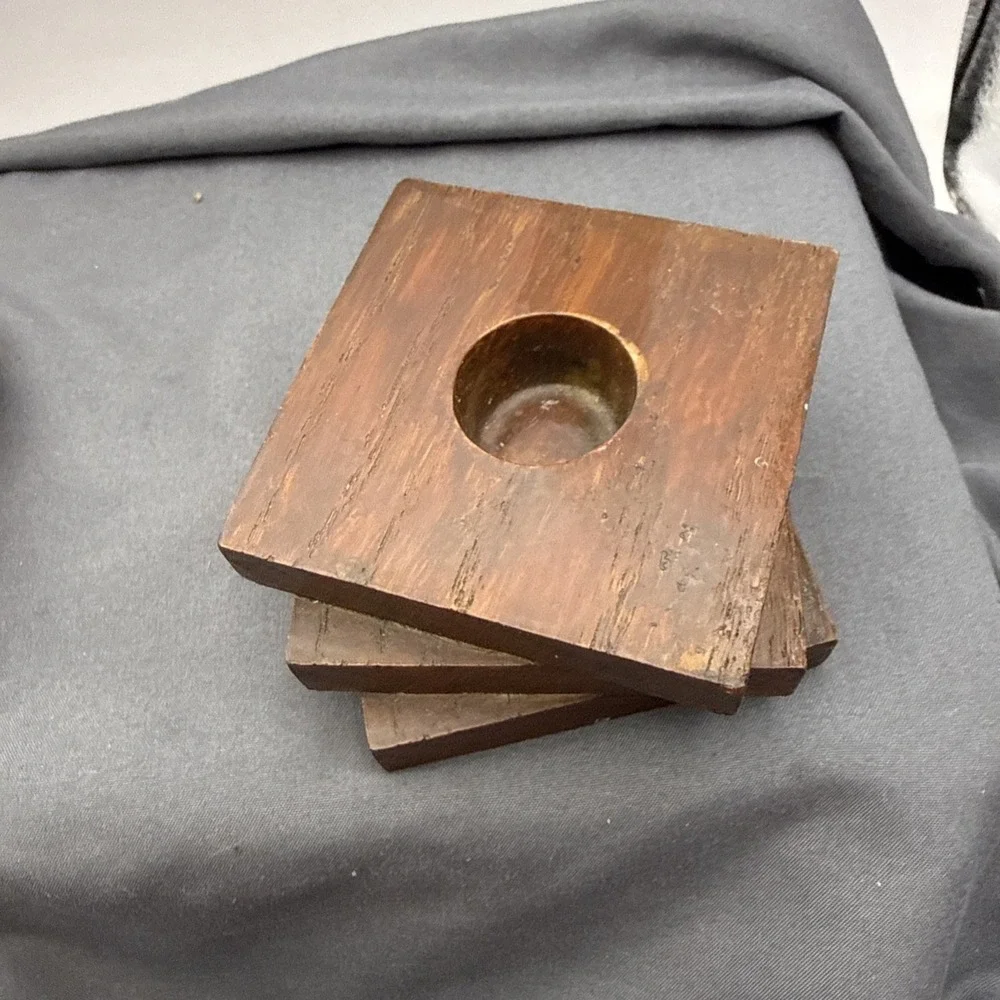 Wood Square Stacked Handmade  Candle Holder Set Of  Two 3.5 X1.5